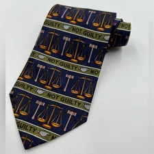 Men's Steven Harris hand made law theme tie. "Not Guilty" scales of justice.
