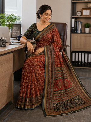 Indian Mul Cotton Saree Maroon Green Ajrakh Block Print w/ Blouse Office