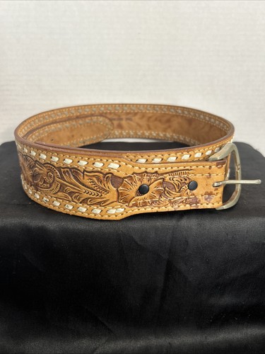 Wright Brand Hand-Tooled Floral Design Western Leather Belt Size 38