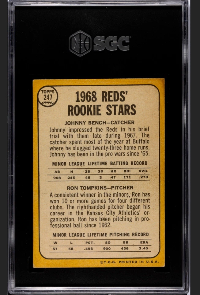1968 Topps #247 Johnny Bench cartão de novato ❤️ centralizado com 4 cantos afiados SGC 5 - Imagem 2 de 3