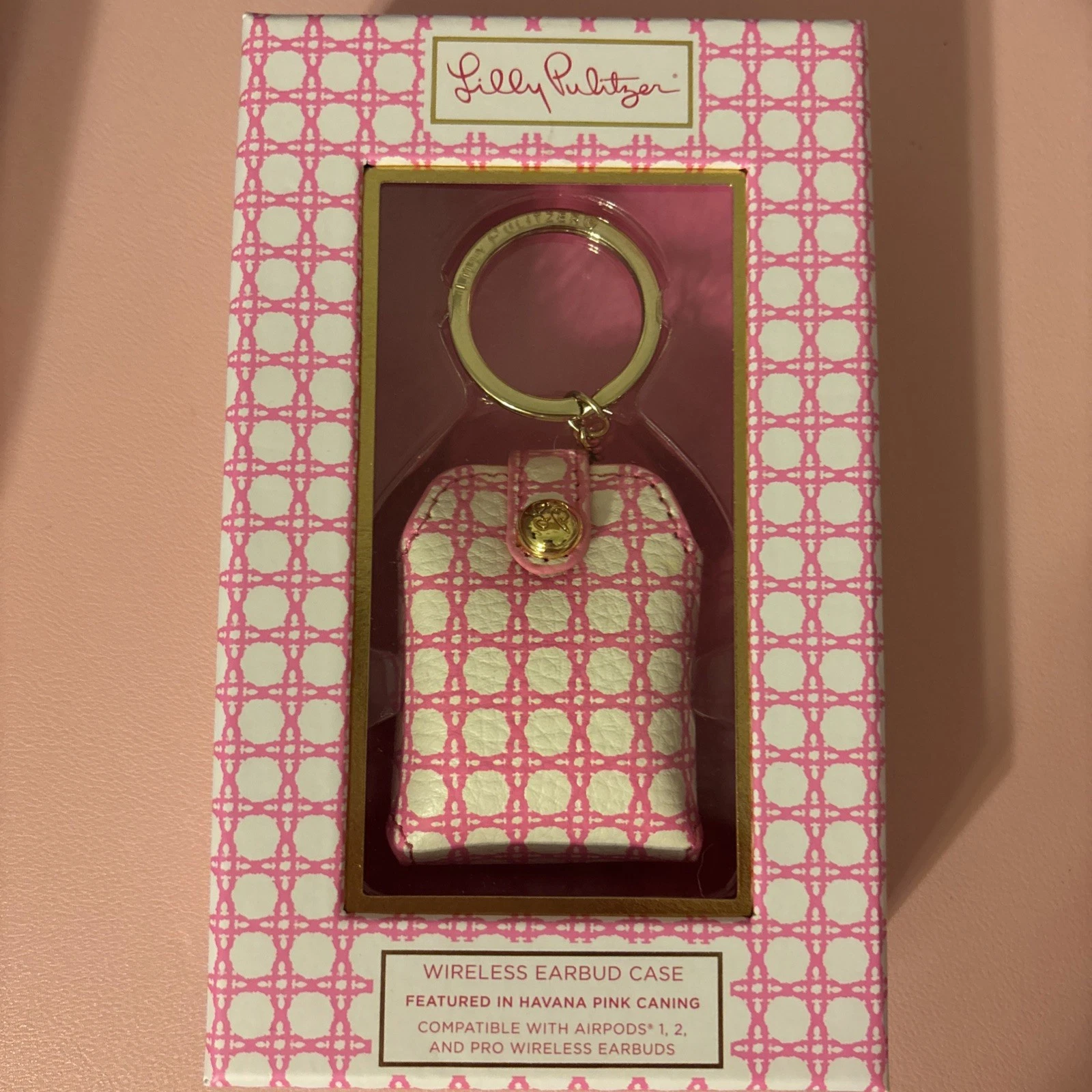 Lilly Pulitzer Pink White Wireless Earbud Case Gold Ring Clip AirPods 1 2 & Pro