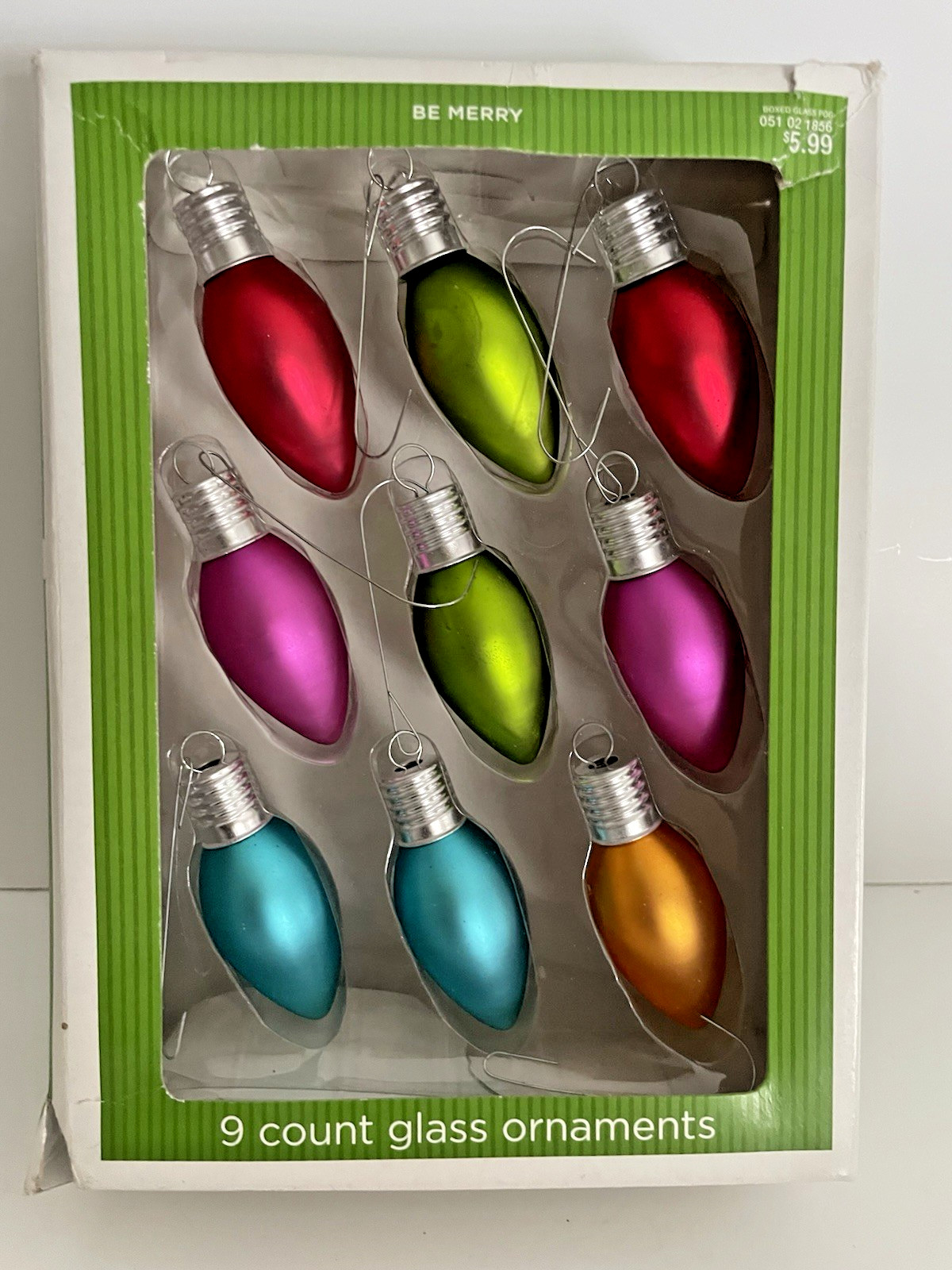 NIB SET OF 9 VIBRANT COLORS CHRISTMAS LIGHT BULB SHAPED MATTE GLASS 3" ORNAMENTS