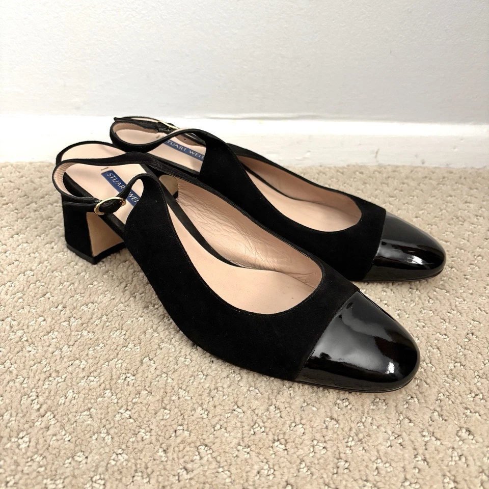 Stuart Weitzman Loraina Black Suede Leather Cap Toe Slingback Pumps Women’s 9.5 - Image 2 of 4