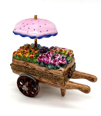 Vintage Rochard Limoges France Peint Main Flower Cart Pink Umbrella Trinket Box