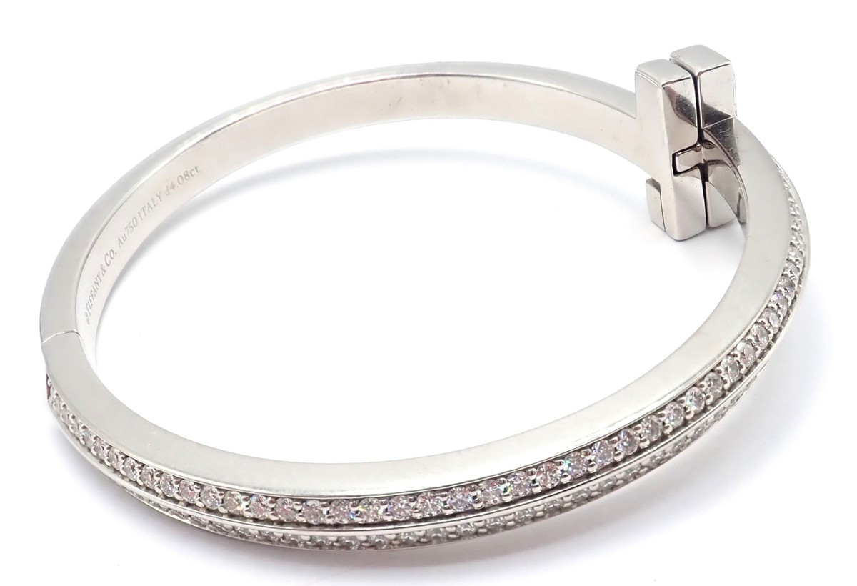 Authentic! Tiffany & Co 18k White Gold Diamond T1 Wide Hinged
