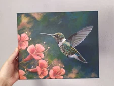 Hand painted acrylic hummingbird painting on stretched canvas, bird and flowers
