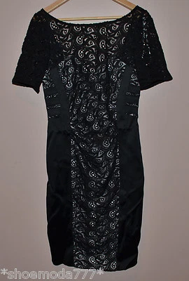 Karen Millen Noir Satin Dentelle Fourreau Moulant Col Bateau Robe M 8 UK 12 EU40 - Photo 1/4