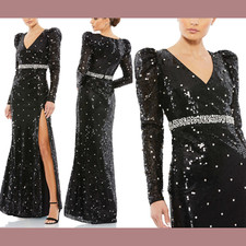 NWT $598 Mac Duggal [ 4 ] 10736 Sequined Faux Wrap Puff Sleeve Trumpet Gown J152