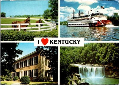 Kentucky I Love Scenic Horses Riverboat Waterfall Continental Postcard B541