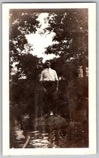 Vtg B&W Snapshot Man Shirt Tie Standing On Rock in River Pond Woods Outdoors