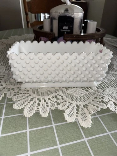 VTG Fenton Rectangle White Milk Glass Hobnail Planter Dish Scalloped Edge