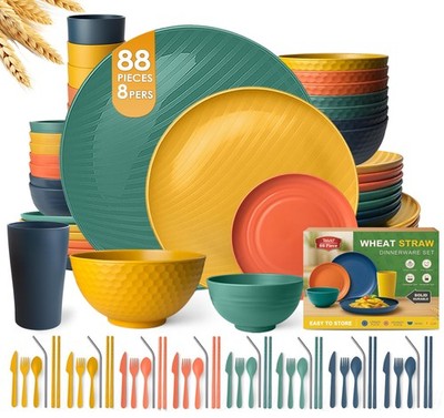 88-Piece Kitchen Plastic Wheat Straw Dinnerware Sets for 8, Dinner/Dessert/Ti...