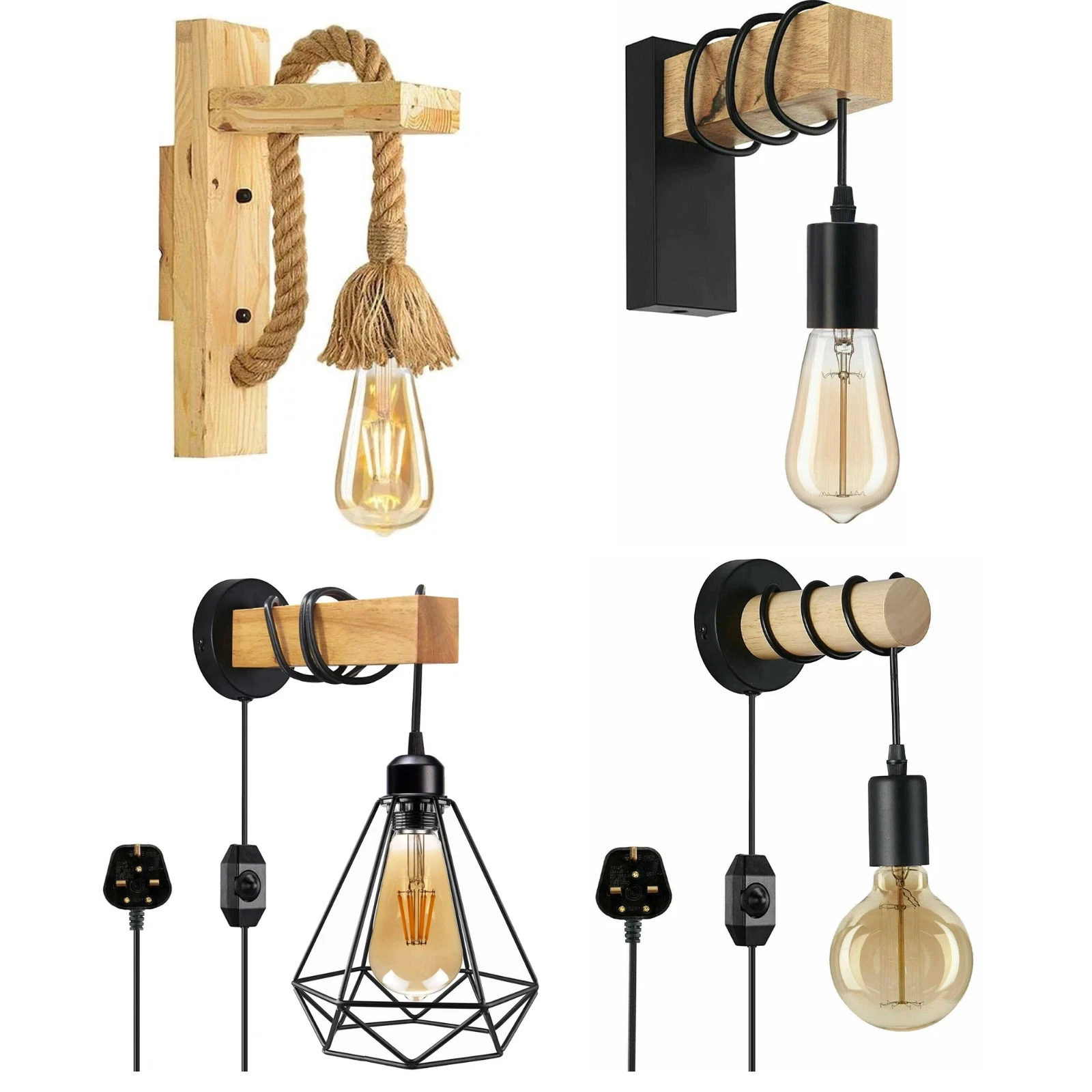 Wooden Hemp Wall Light Industrial Loft Bedside Lamp 