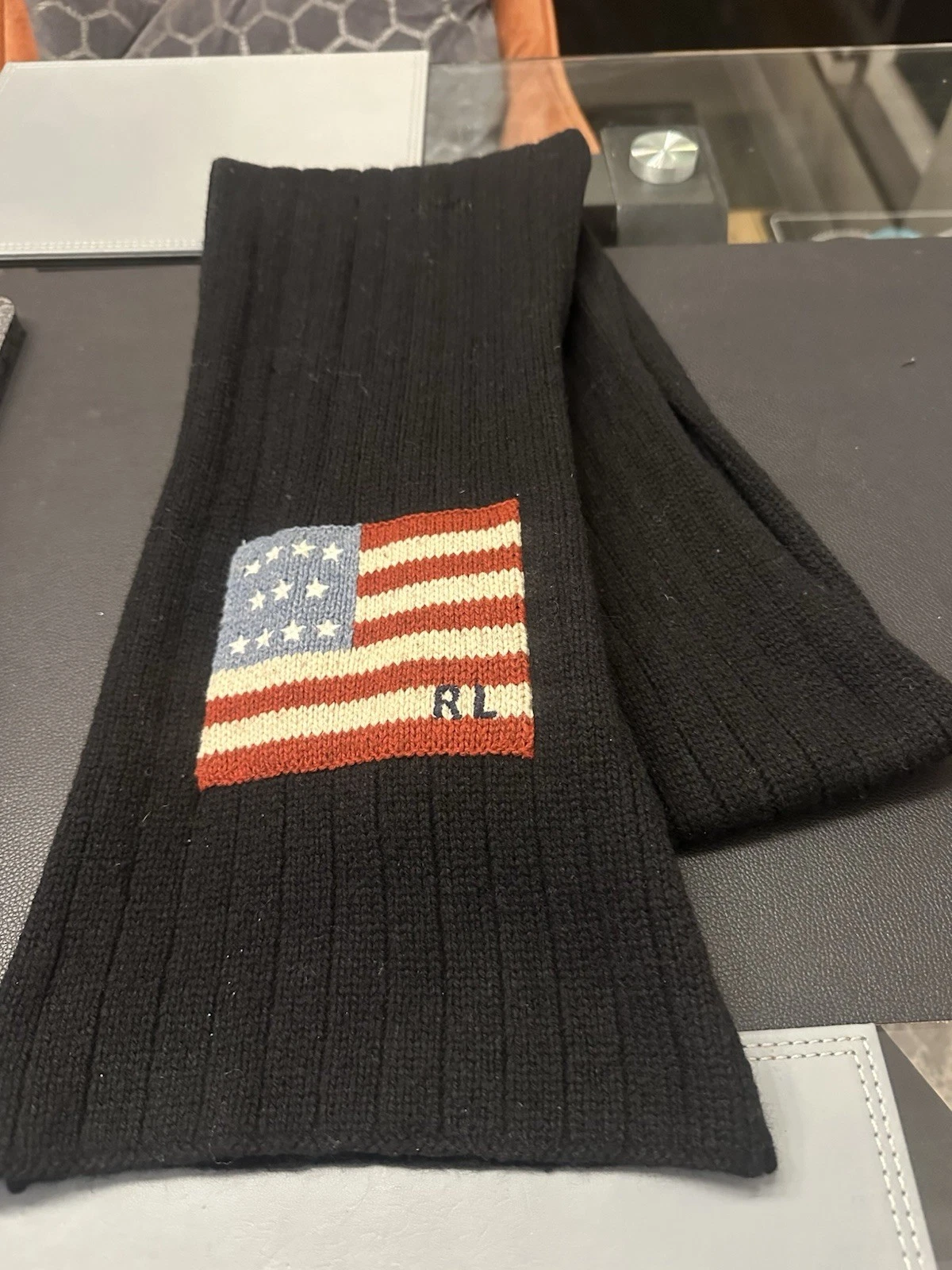 Polo Ralph Lauren Jeans Scarf USA Flag Knit 90s Ski RL Sport Black Exc Cond