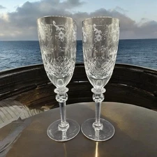 Gallia By Rogaska (2) Floral Design Flutes Blown Cut And Polished Glass 8-1/4"