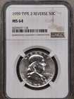1959 Type 2 Reverse Frankling Half Dollar NGC MS 64