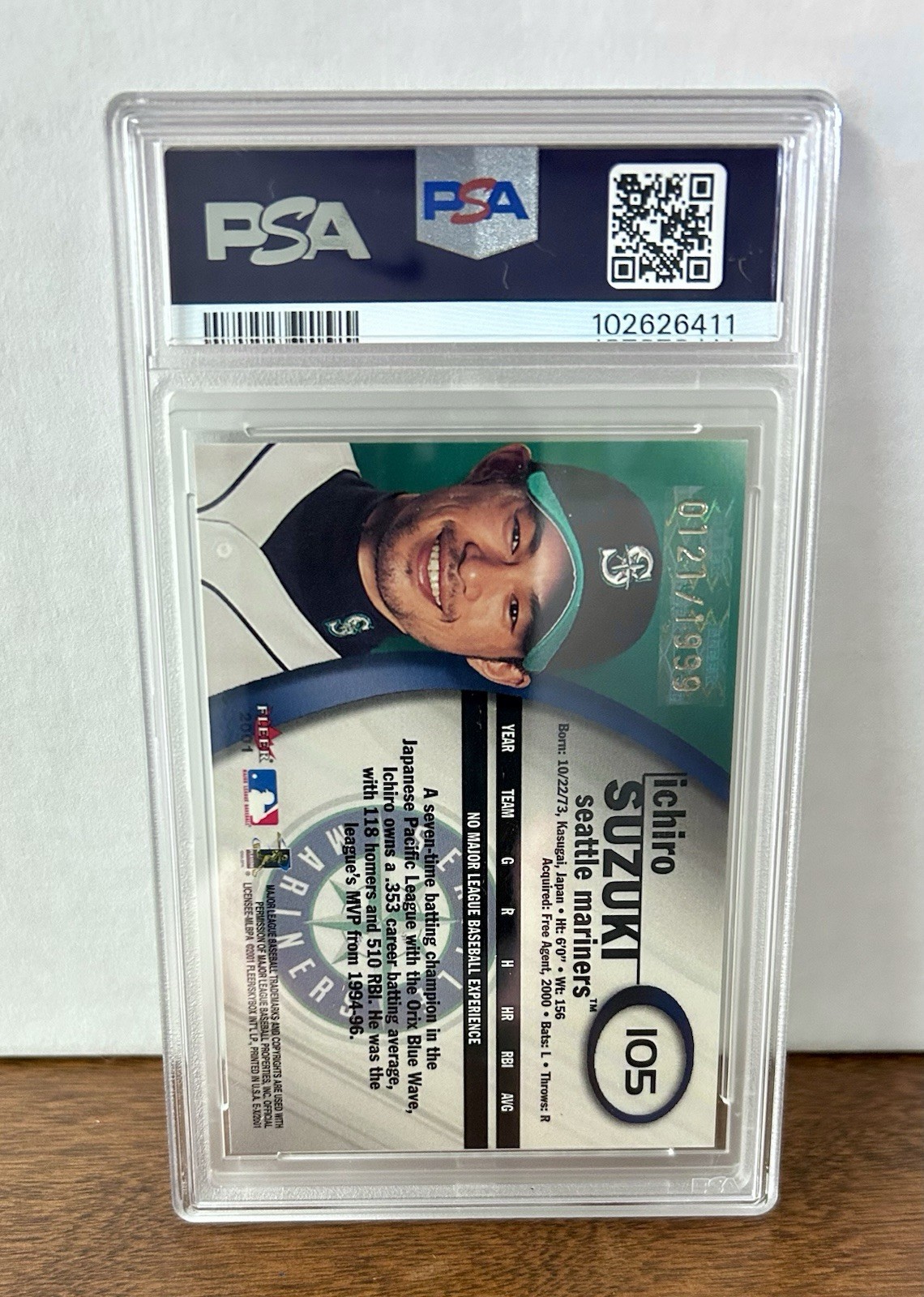 2001 Fleer E-X Ichiro Suzuki Rookie RC #/1999 Mariners PSA 8 #105 view 2