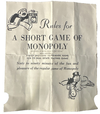 Vintage 1951 ''Monopoly'' Parker Brothers Rules for A Short Game of Monopoly