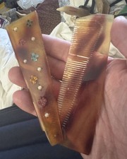 Vtg Faux TORTOISE SHELL Celluloid Comb/Case Rhinestone Detail