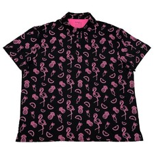 Birdie Bound Mens Black Pink Flamingo Print Short Sleeve Golf Polo Shirt 3XL