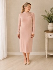 NWT Express Blush Pink Mock Neck Pleated Shoulder Long Sleeve Maxi Dress