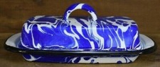 VINTAGE STYLE BLUE SWIRL ENAMEL PORCELAIN BUTTER DISH FARMHOUSE DECOR KITCHEN