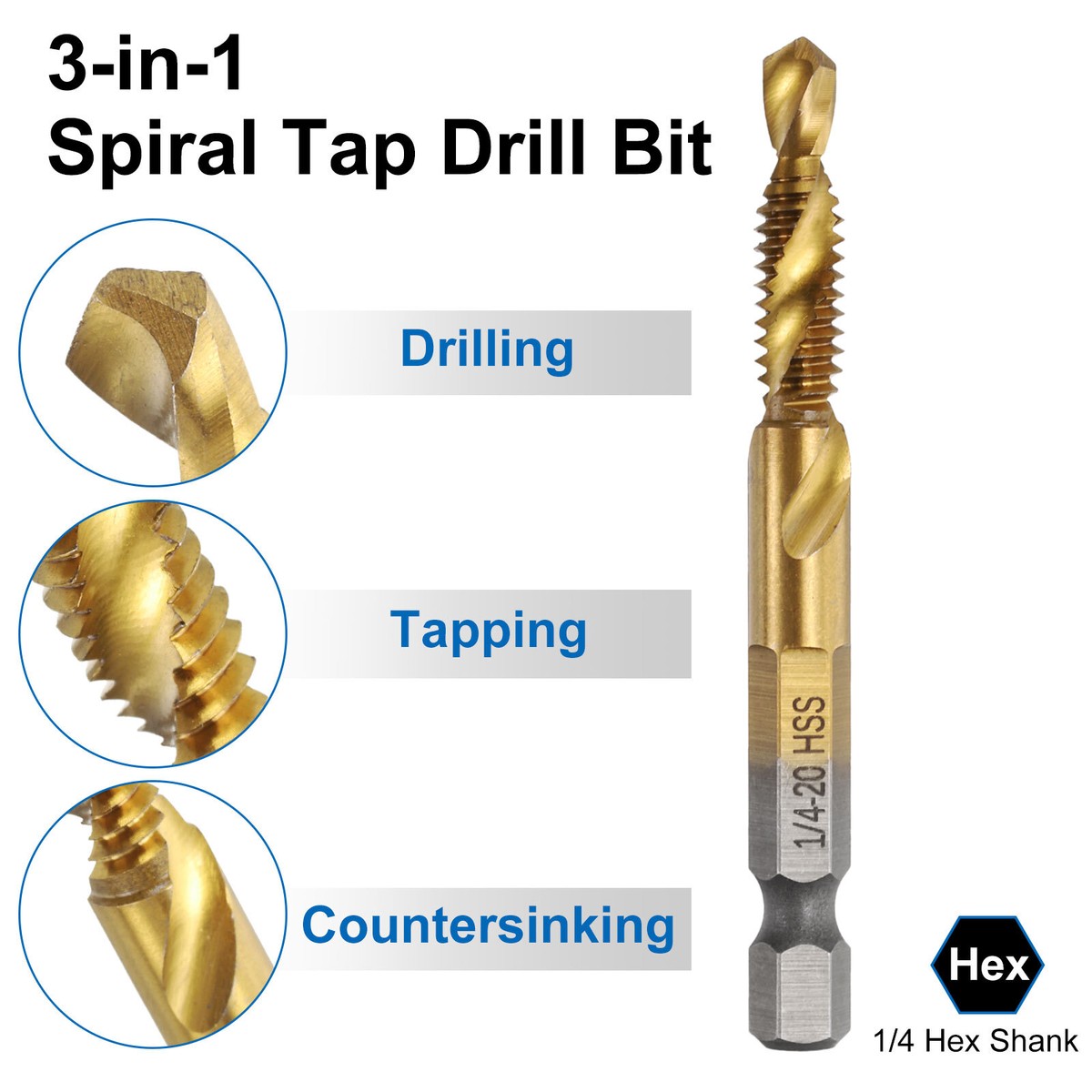 Uxcell 8-Piece M8 X 1.25 Combination Drill & Tap Bits – 1/4" Hex Shank, Titanium Coated 4341 HSS For Drilling, Tapping & Countersinking