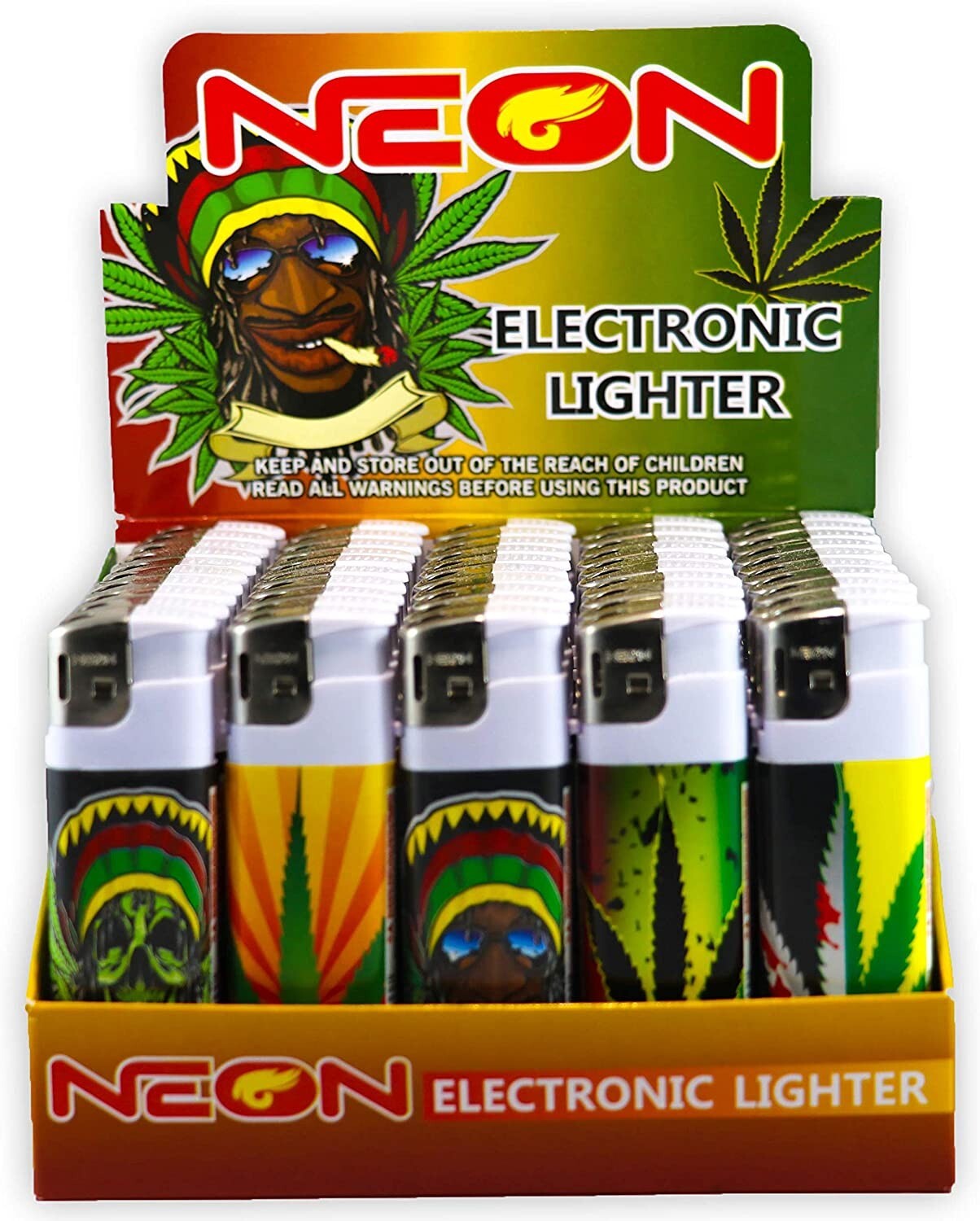 Rasta Neon Electronic Disposable Lighters, Wholesale Pack of
