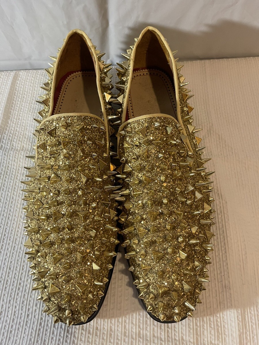 Glitter Gold Spiked Loafers Sparkly Sequin Loafers Gold Rivet Studded