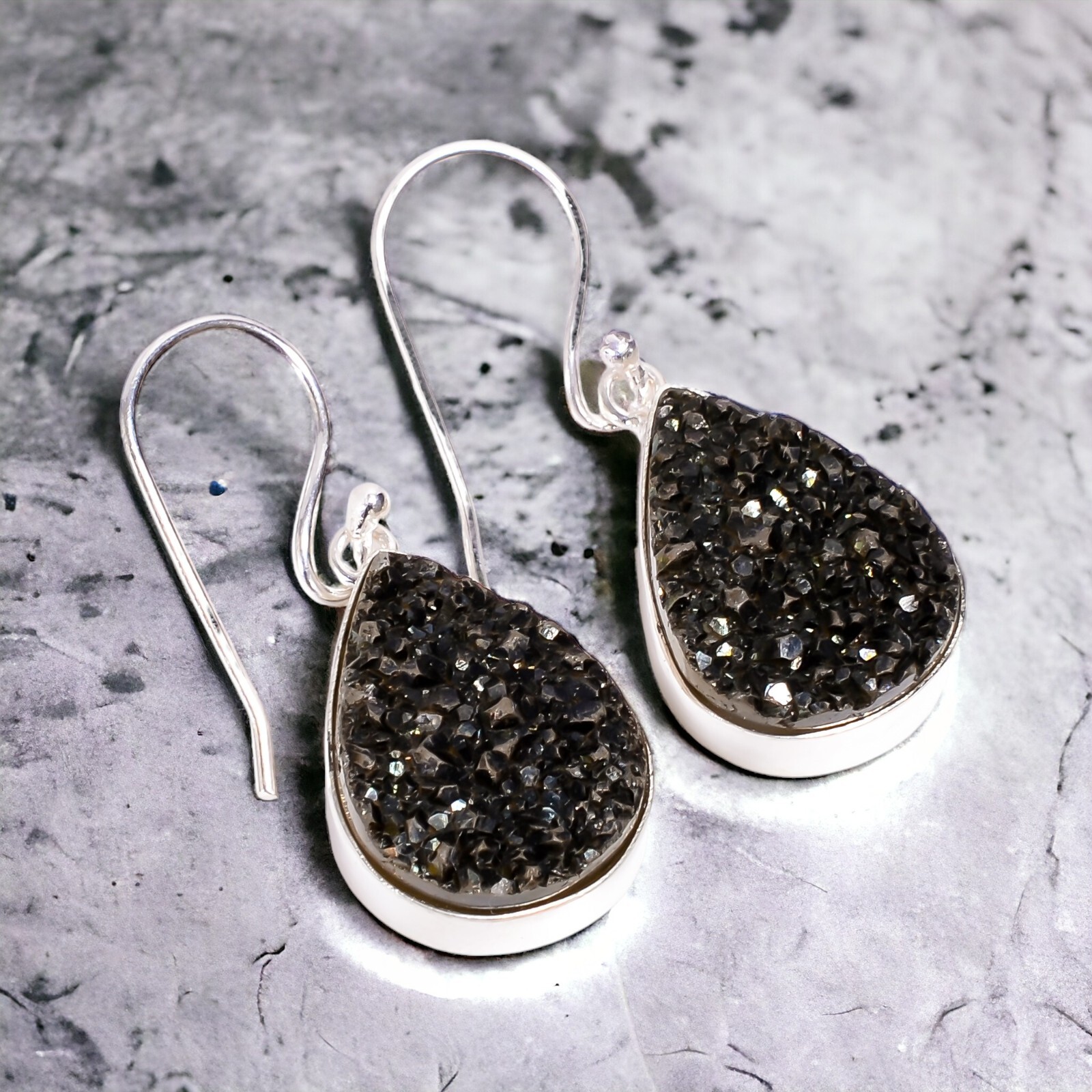 Natural Titanium Druzy Dangle Earrings in 925 Silver for Girls’ Daily Wear