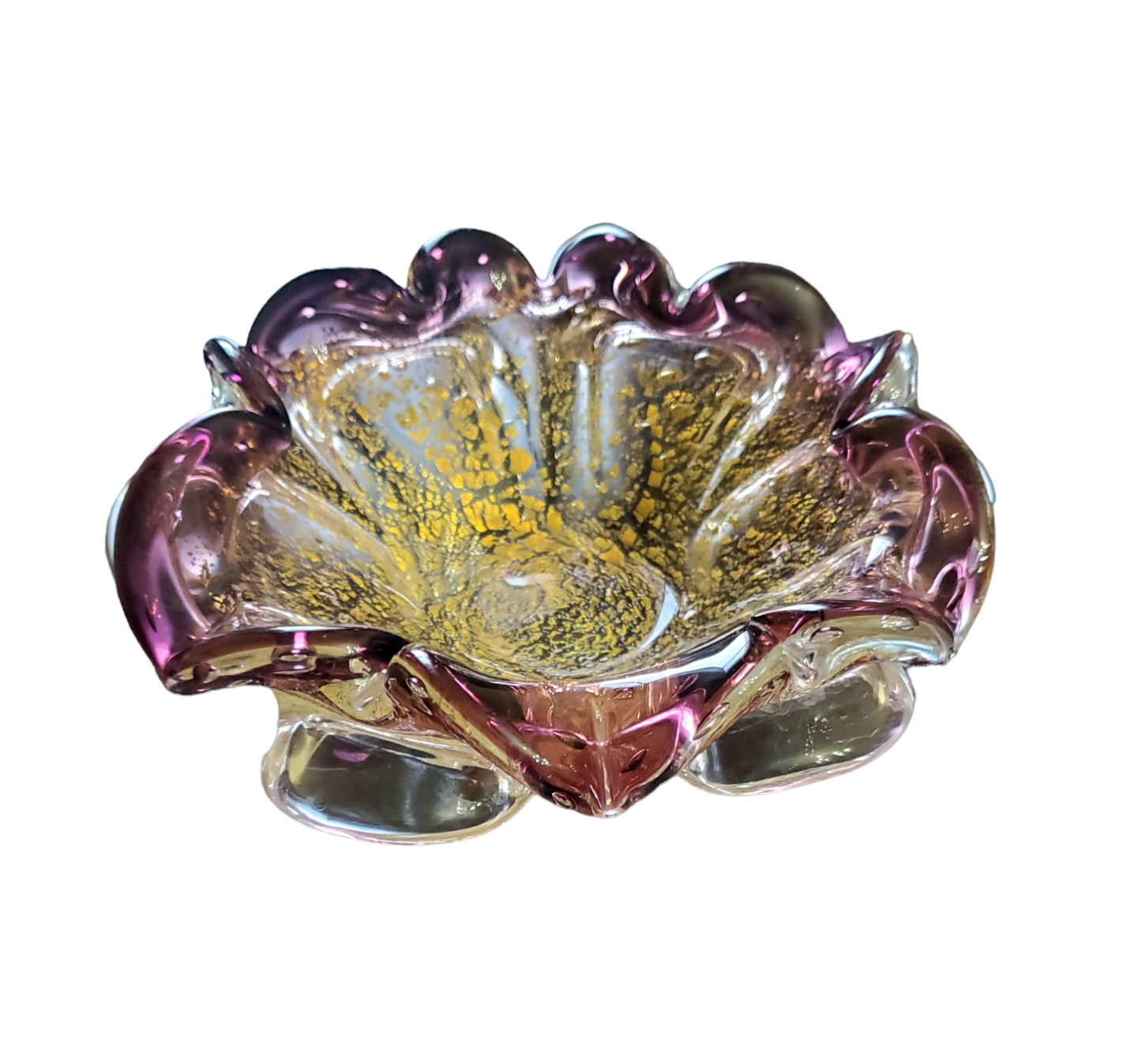 Barovier Murano Italian Handblown Candy Bowl with Gold Silver Flakes
