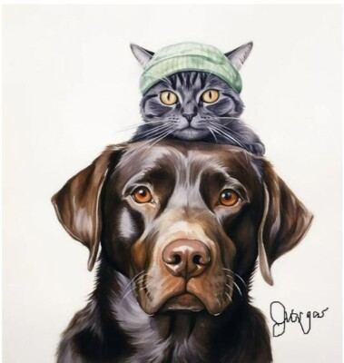 Labrador Retriever & Cat Watercolor Art Print 8x11 Chocolate Lab Pet Portrait