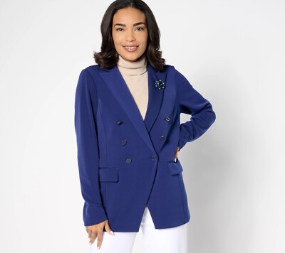 Susan Graver Regular LK Fusion Double Breasted Blazer Size M Blue NEW