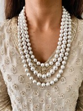 Multi 3 Row Strand Long White Faux Pearl Beads Chunky Necklace Layered Jewelry