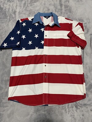Roper USA Flag Shirt Men's L Patriotic Button-Down Western Rodeo