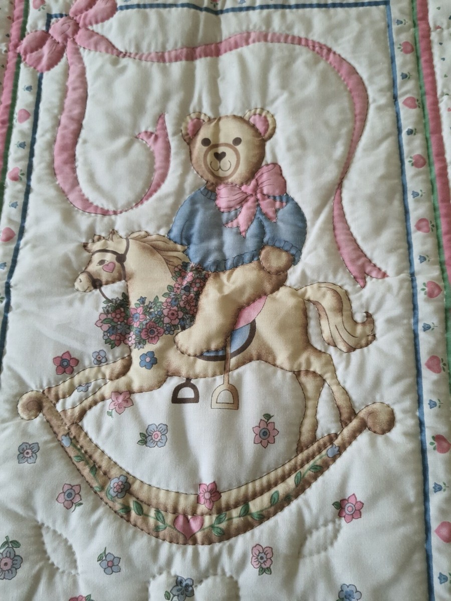 Vintage Bear Rocking Horse Crib Comforter pink flowers clown