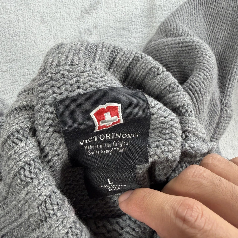 Victorinox Swiss Army Logo Mock Neck Knit Sweater Size Large Gray Cotton Chunky - Image 3 of 4