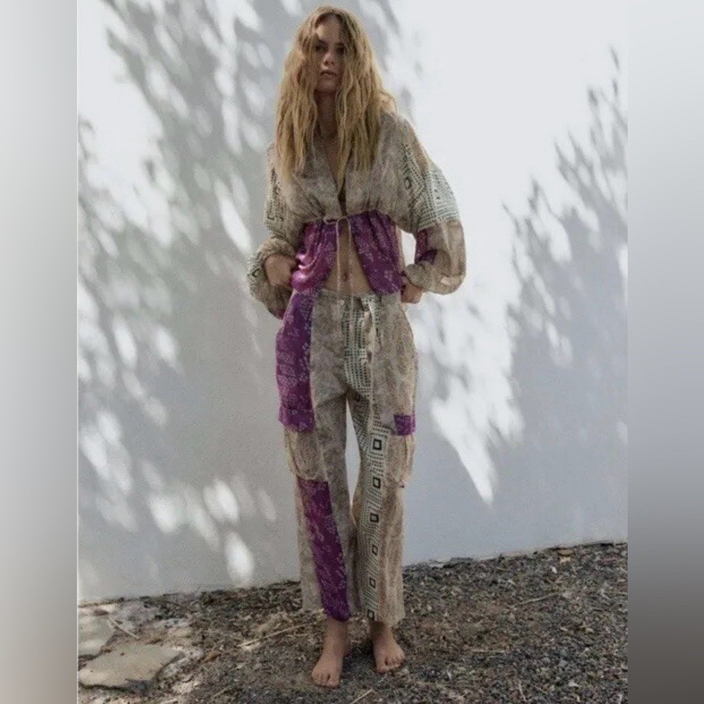 ZARA Patchwork Sheer Lightweight Viscose Cargo Pa… - image 2