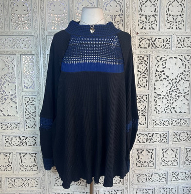Free People Snow Day Mock Neck Waffle Knit Oversized Tunic Sz Large Black Blue