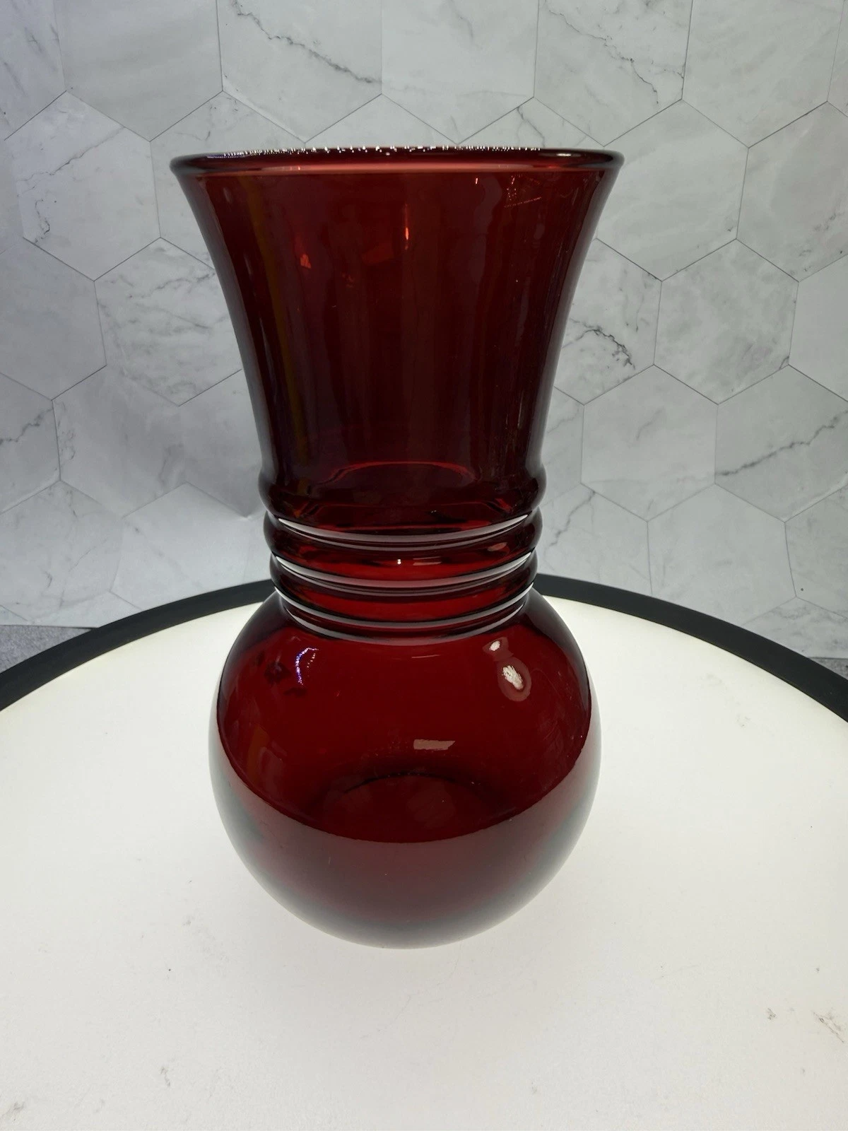 Vintage Anchor Hocking "Royal Ruby" glass vase, featuring a distinctive Art Deco