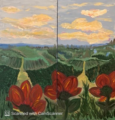 BLESSED#1235-36 Wine Vineyard Flower Set Landscape 24x36 Canvas Original Art