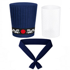 Navy Blue Hibachi Chef Hat Set Ninja Headband Necktie Hat Insert 4pc Hat Set