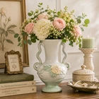 Vintage Weller Panella Double Handled Vase 10” Floral Relief Matte Green Art Pot