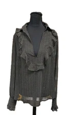 Loft Blouse Top Sz L (12) Romantic Floral Ruffle High Neck V Button Front