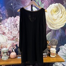 IN San Francisco L Beaded Embellished Sheer Sleeve Glam Boho Black Shift Dress