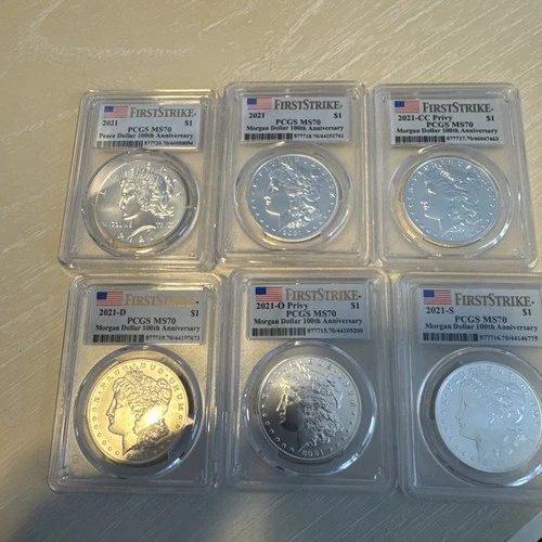 2021 MORGAN & PEACE SILVER DOLLAR PCGS MS70 FIRST STRIKE COMPLETE 6 COIN SET