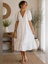 Zara White Eyelet V‑Neck Midi Dress with Puff Sleeves Size XS Boho Coastal