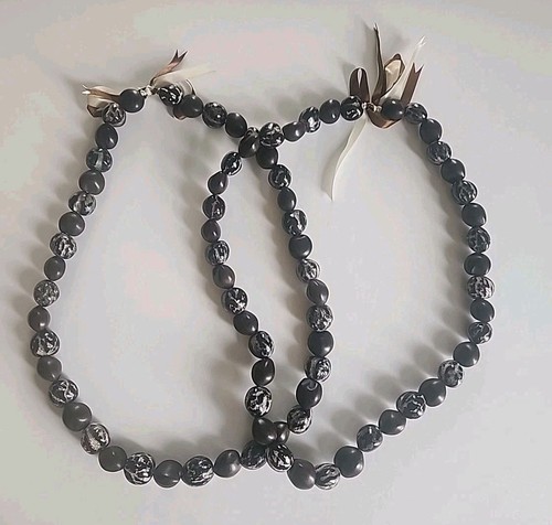 Hawaiian Black Tiger Kukui Nut Lei Luau Boho Bead Necklace Black/Brown Lot of 2