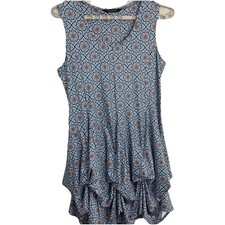 Tango Mango Dress XL Blue Floral Print Tiered Hem Sleeveless Bustled Beachy Boho