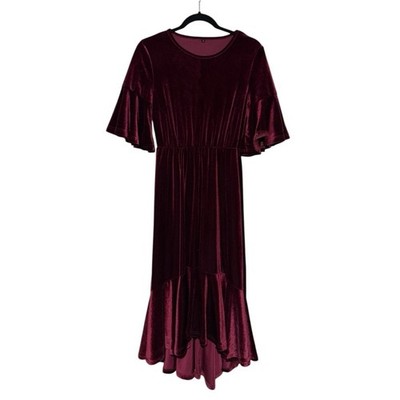 Red Velvet Modo Dress Siz S Ruffle Long Modest Festive Wedding Holiday Vamp Goth